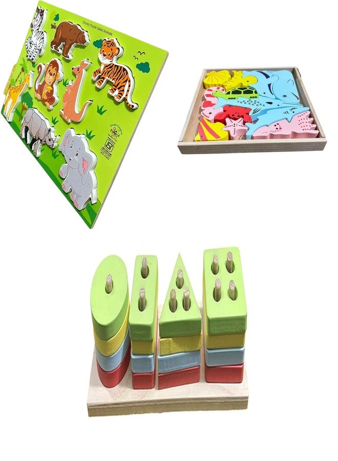 Kinder Creative Chunky Stacking Wild Animals Puzzle,3D Sea Animals Stacking Puzzle,Geometrical Column Blocks for Toddlers, Educational Puzzle and Toys for Kids Pack of 3 - Image 1